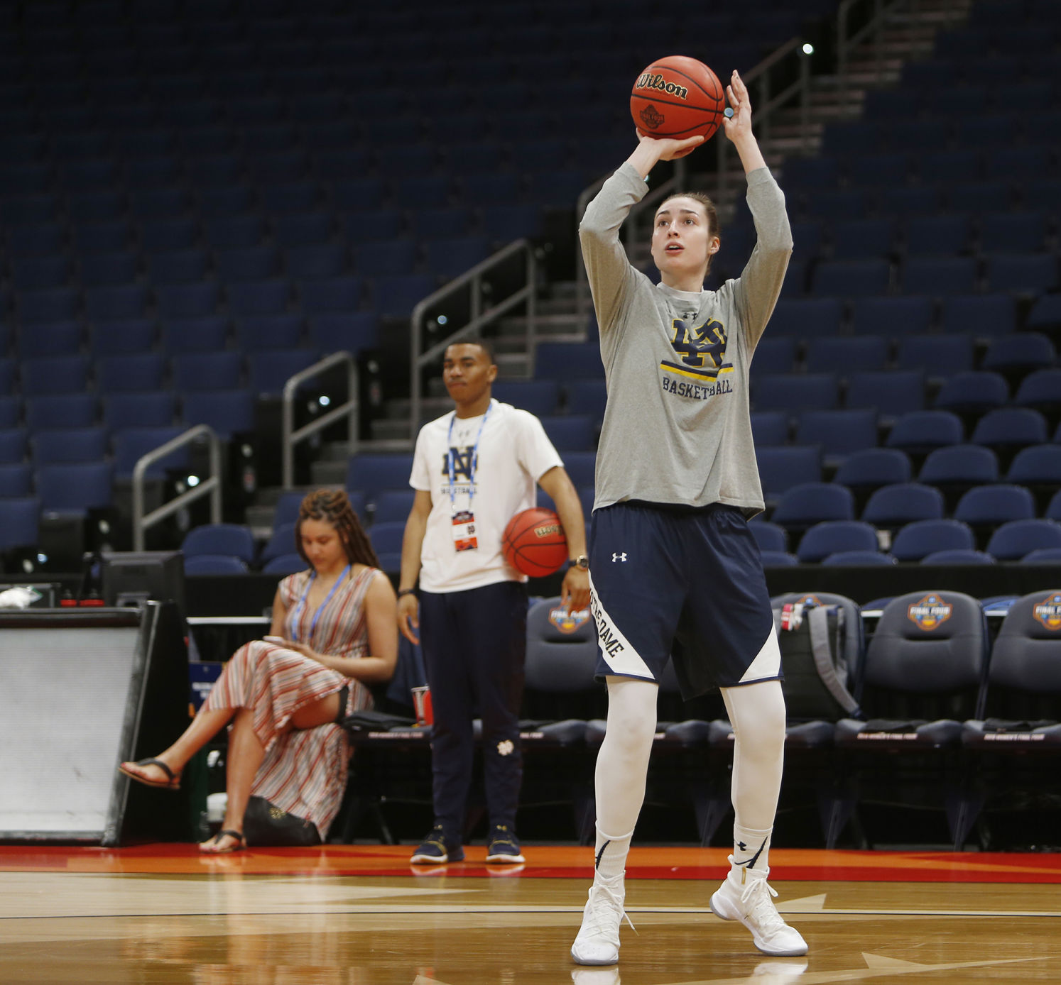 Notre Dame's Jessica Shepard, right, shoots in practice ahead of the NCAA Tournament's Final Four at the Amalie Arena in Tampa, Fla., on Thursday, April 4, 2019.